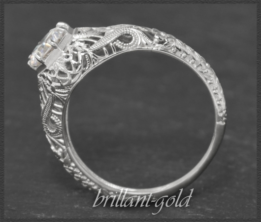 Diamant Ring, 0,91ct Solitär, 585 Weißgold, Jugendstil Design